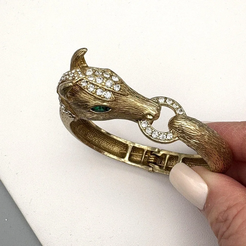 Vintage Horse Clamper Bracelet Goldtone Rhinestones 6 1/2